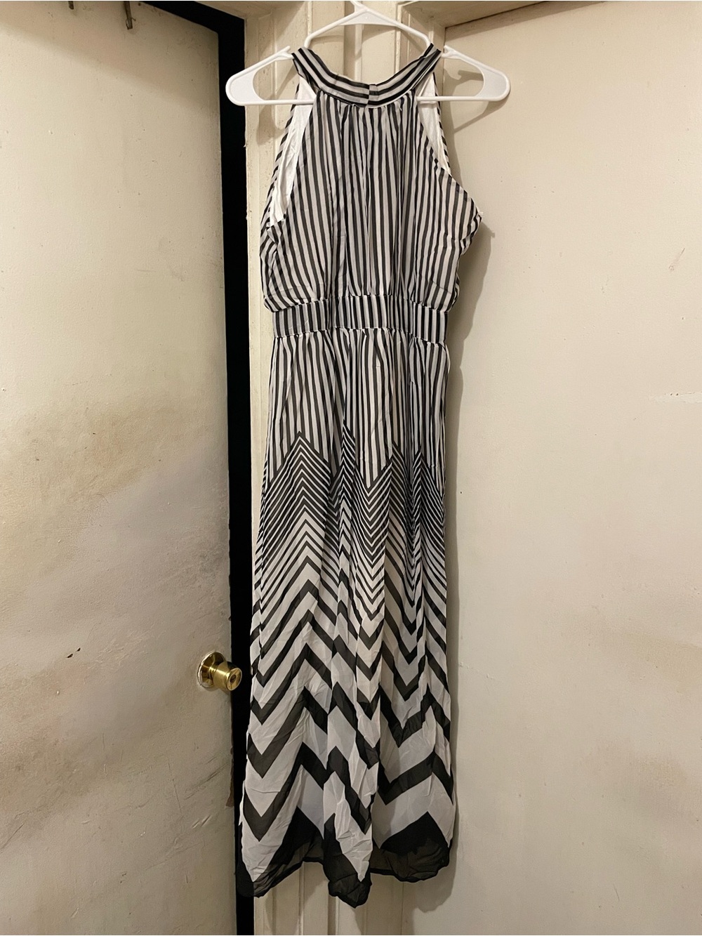 Elena Fashion Women’s Black & White Striped Halter Maxi Dress M